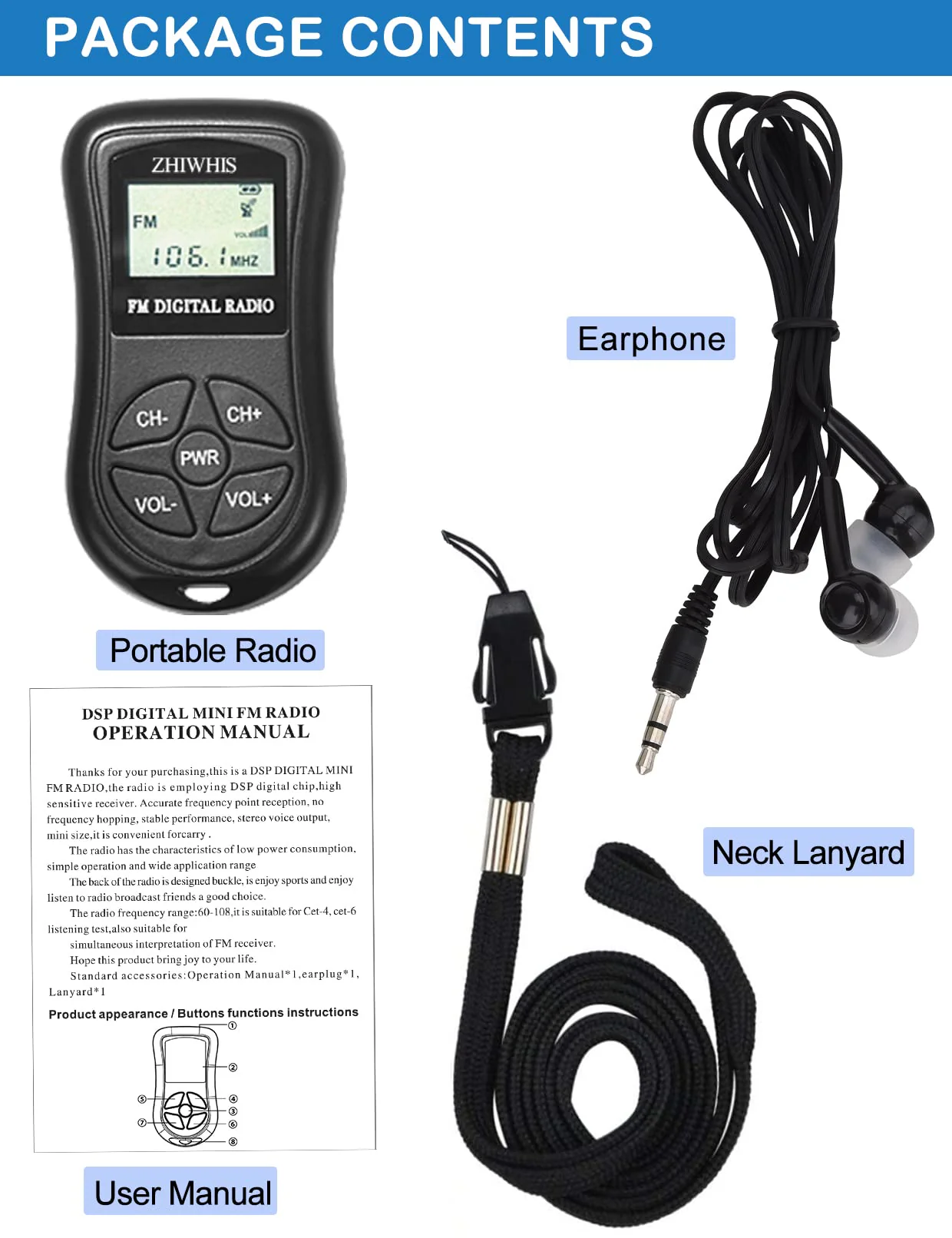 ZHIWHIS Mini Portable FM Radio, Stereo LCD Digital Display Tuning Pocket Walkmen Transistor Conference Receiver with Earphone, Small Pocket Radio Operated by AAA Batteries for Walking/Running Batteries not included - Image 6