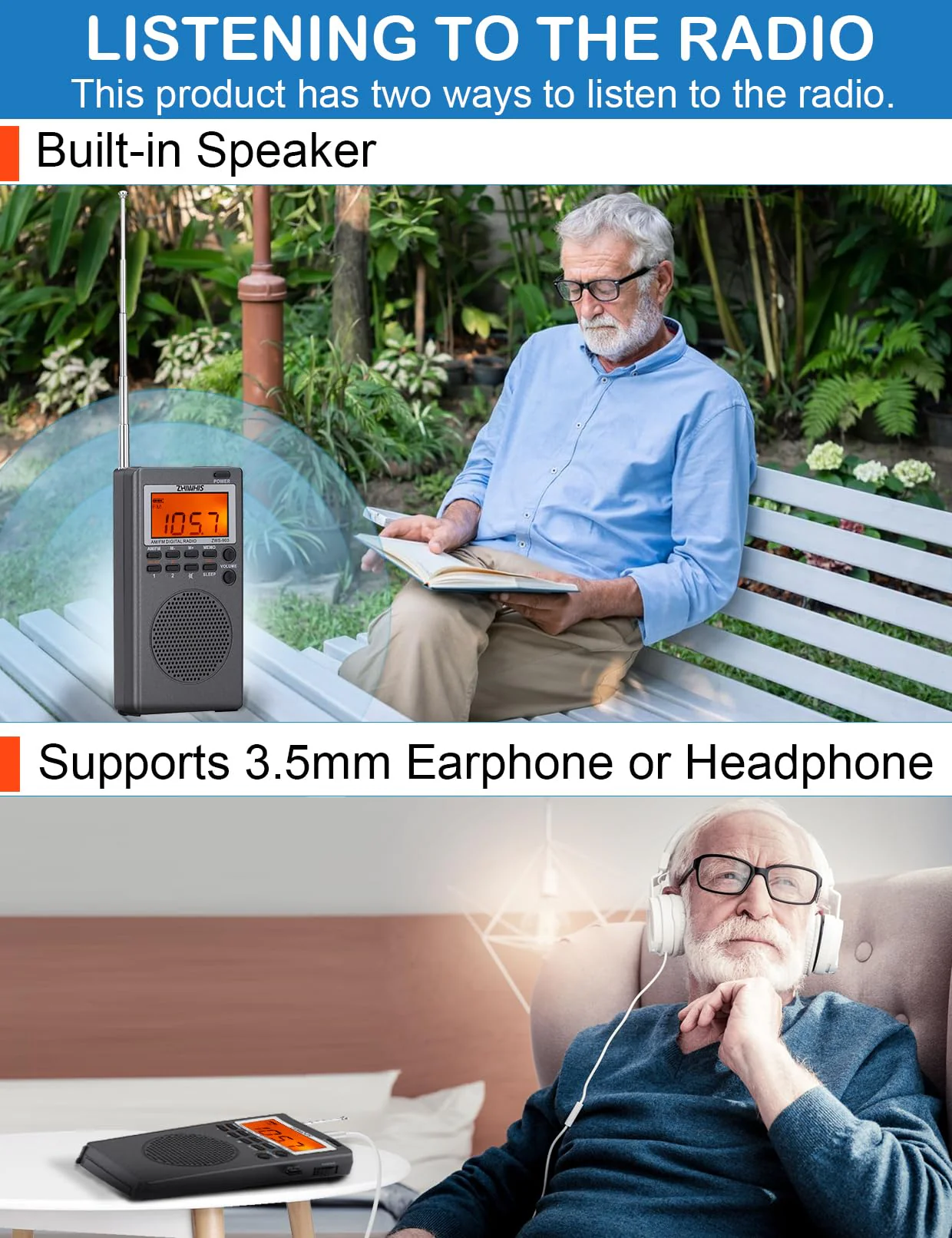 ZHIWHIS Portable Radio, AM FM Stereo Receiver, DSP Small Pocket Radios Operated by AA Batteries, Digital Clock/Presets/Start Timer/Sleep Timer for Walking/Running ZWS-903 - Image 4