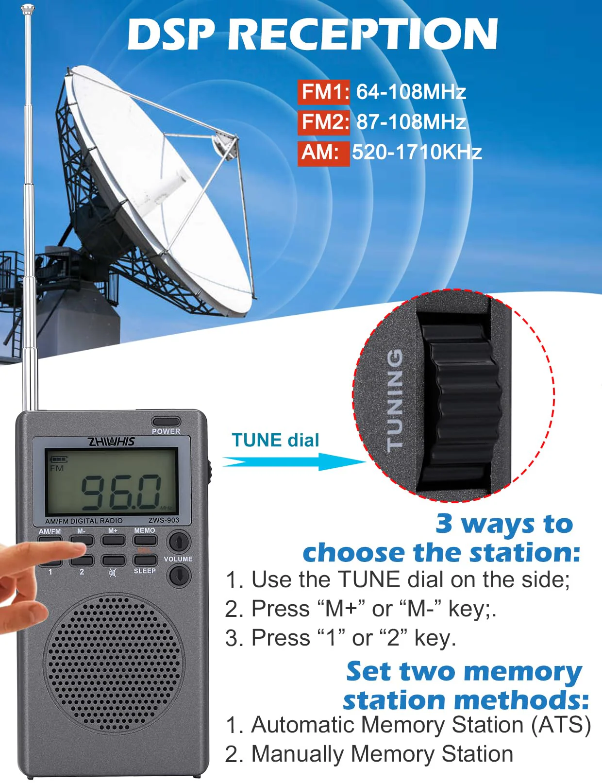 ZHIWHIS Portable Radio, AM FM Stereo Receiver, DSP Small Pocket Radios Operated by AA Batteries, Digital Clock/Presets/Start Timer/Sleep Timer for Walking/Running ZWS-903 - Image 5