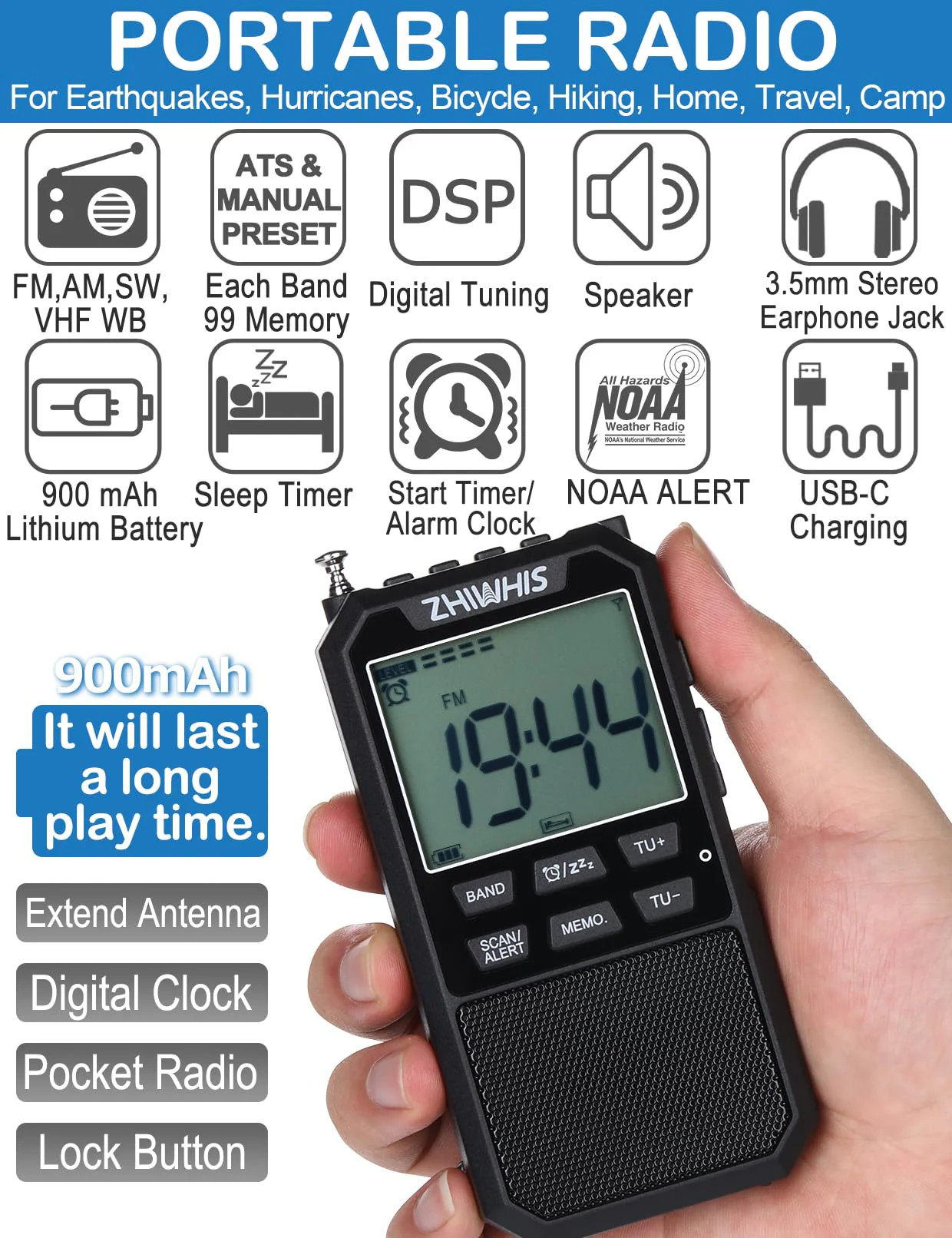 ZHIWHIS Portable Radio, AM FM Stereo SW NOAA Weather VHF Receiver with Alerts, Rechargeable DSP Pocket Radios with 9.85Ft Wire Antenna, 900mAh/396Presets/Alarm Clock/Sleep Timer for Walking ZWS-878 - Image 2