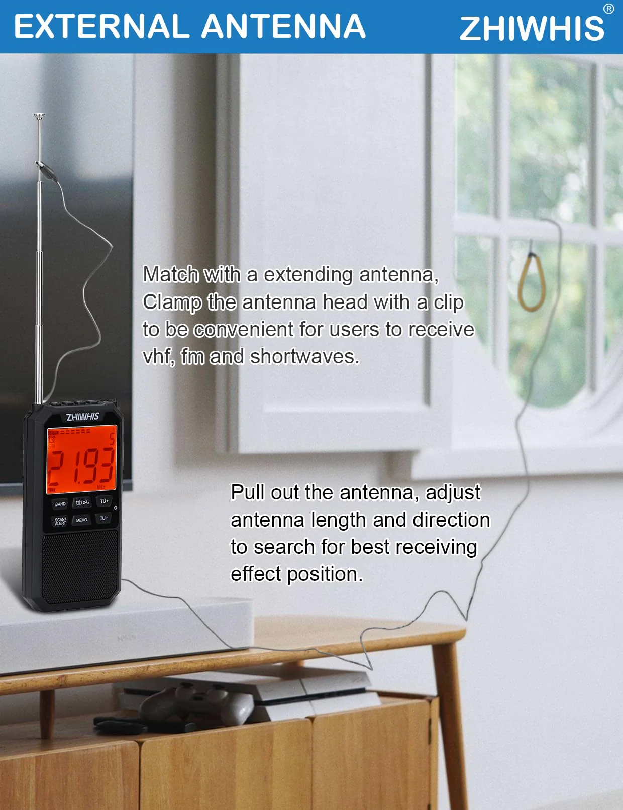 ZHIWHIS Portable Radio, AM FM Stereo SW NOAA Weather VHF Receiver with Alerts, Rechargeable DSP Pocket Radios with 9.85Ft Wire Antenna, 900mAh/396Presets/Alarm Clock/Sleep Timer for Walking ZWS-878 - Image 5