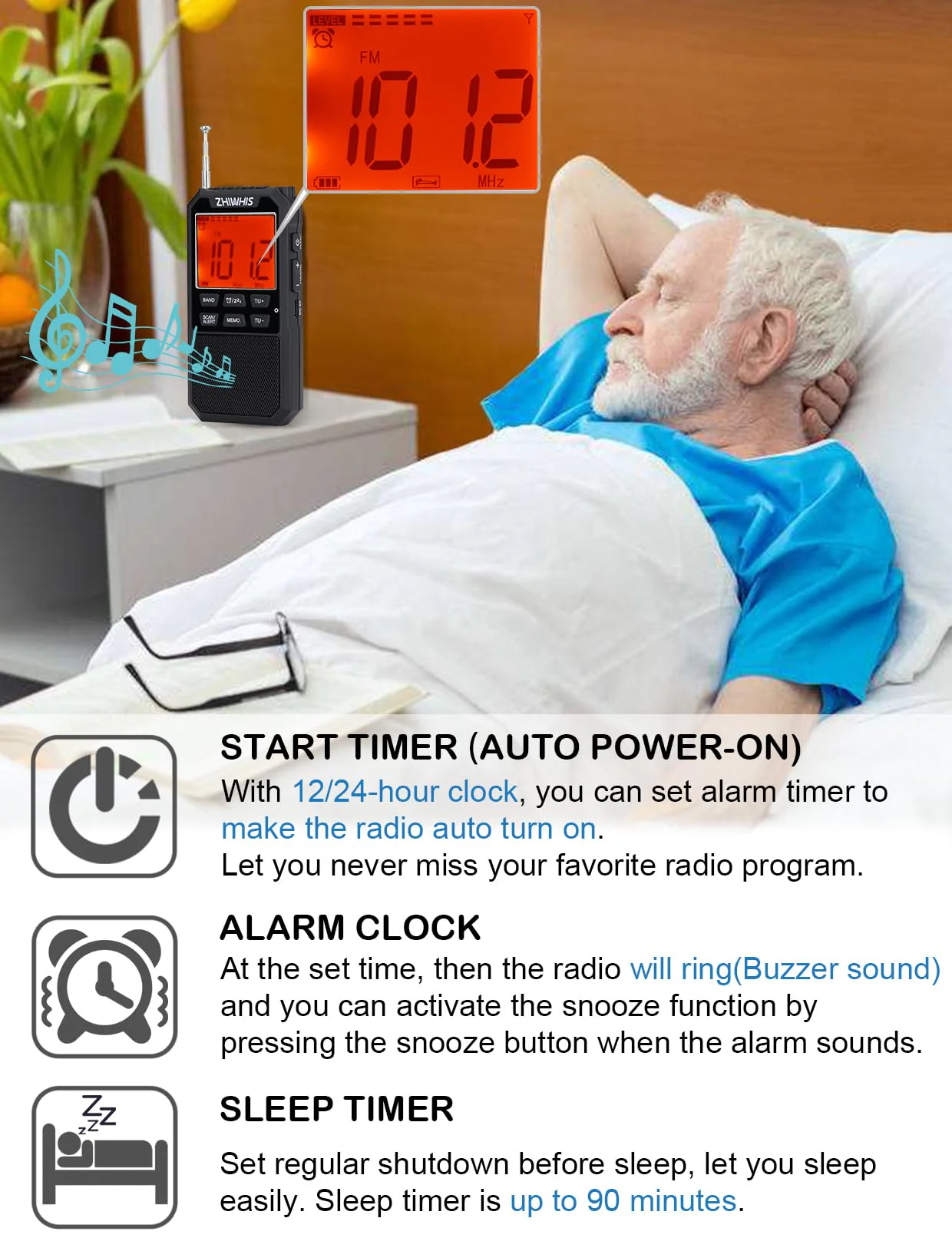 ZHIWHIS Portable Radio, AM FM Stereo SW NOAA Weather VHF Receiver with Alerts, Rechargeable DSP Pocket Radios with 9.85Ft Wire Antenna, 900mAh/396Presets/Alarm Clock/Sleep Timer for Walking ZWS-878 - Image 8