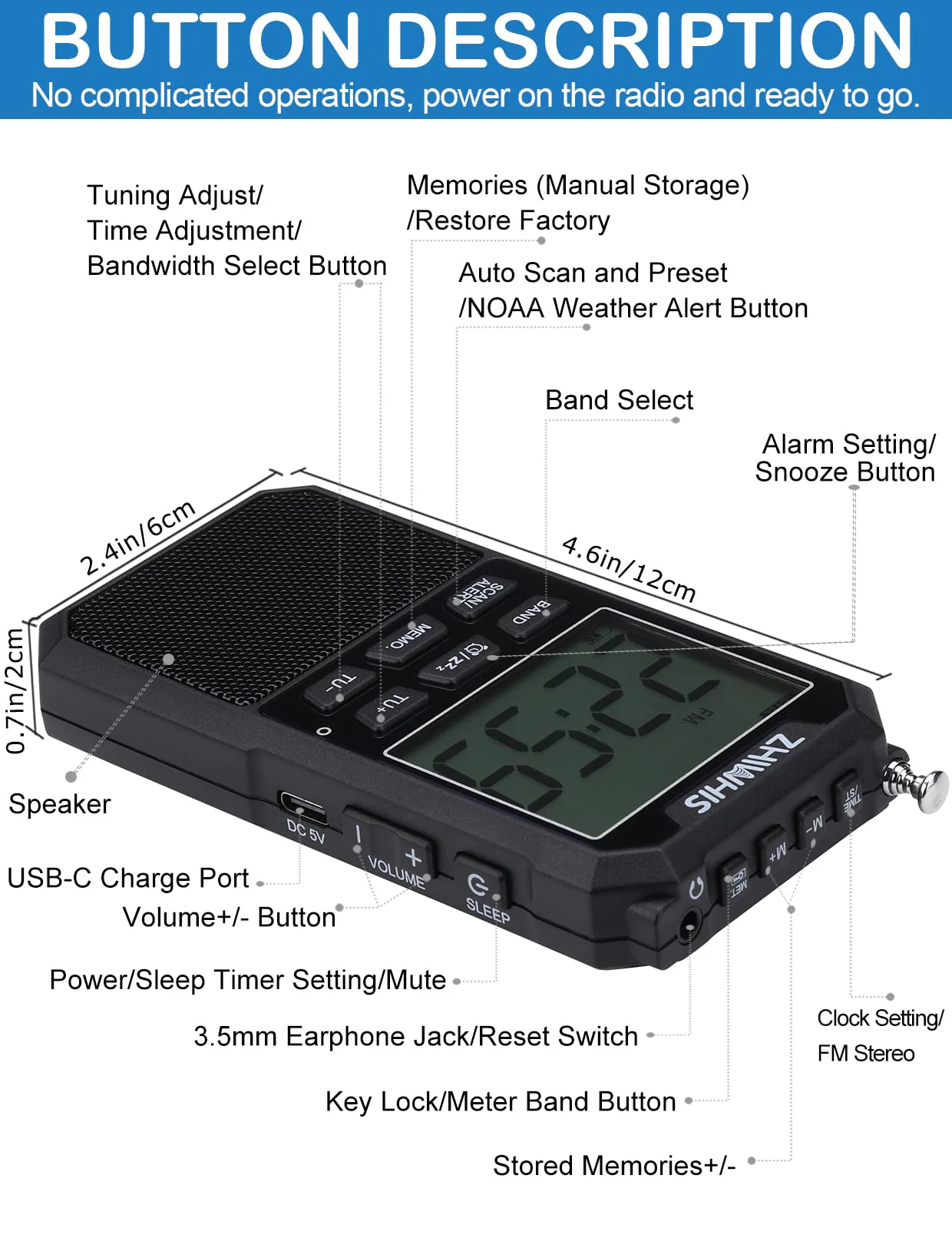 ZHIWHIS Portable Radio, AM FM Stereo SW NOAA Weather VHF Receiver with Alerts, Rechargeable DSP Pocket Radios with 9.85Ft Wire Antenna, 900mAh/396Presets/Alarm Clock/Sleep Timer for Walking ZWS-878 - Image 9