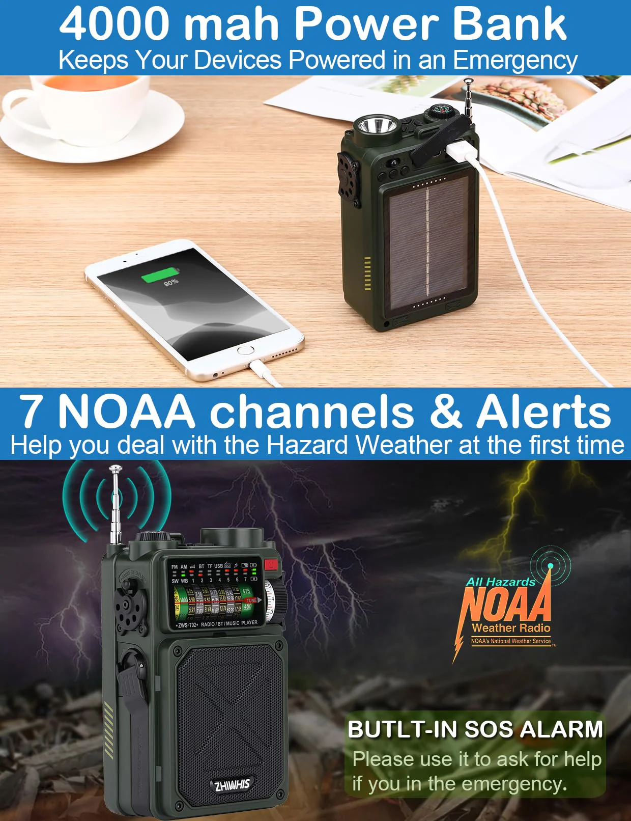 ZHIWHIS Shortwave Radio with Bluetooth, AM/FM/SW/WB Emergency Radios with NOAA Alerts, Hand Crank/Solar/4000mAh/White Noise/SOS/Bass/Rechargeable Retro Receiver with Preset, Support USB/TF ZWS-702 - Image 4