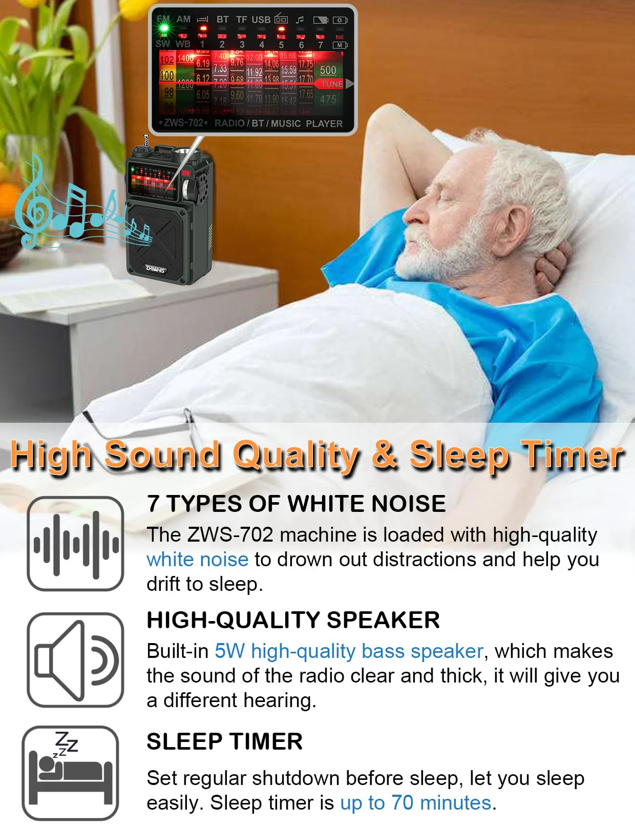 ZHIWHIS Shortwave Radio with Bluetooth, AM/FM/SW/WB Emergency Radios with NOAA Alerts, Hand Crank/Solar/4000mAh/White Noise/SOS/Bass/Rechargeable Retro Receiver with Preset, Support USB/TF ZWS-702 - Image 7