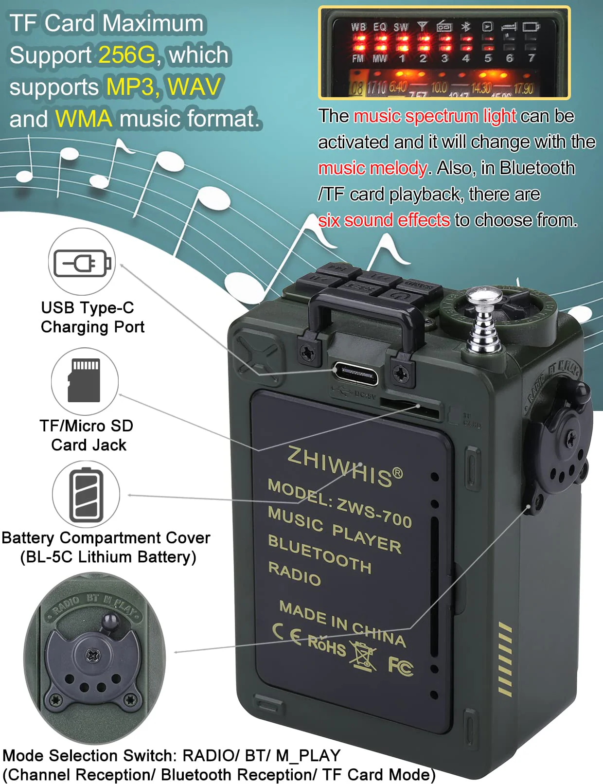 ZHIWHIS Shortwave Radio with Bluetooth, Portable Radio with Sleep Timer, Weather AM FM Shortwave Radios with Best Sound, Retro Analog Tuner with Preset, Rechargeable MP3 Player Support MicroSD Card Grey - Image 4