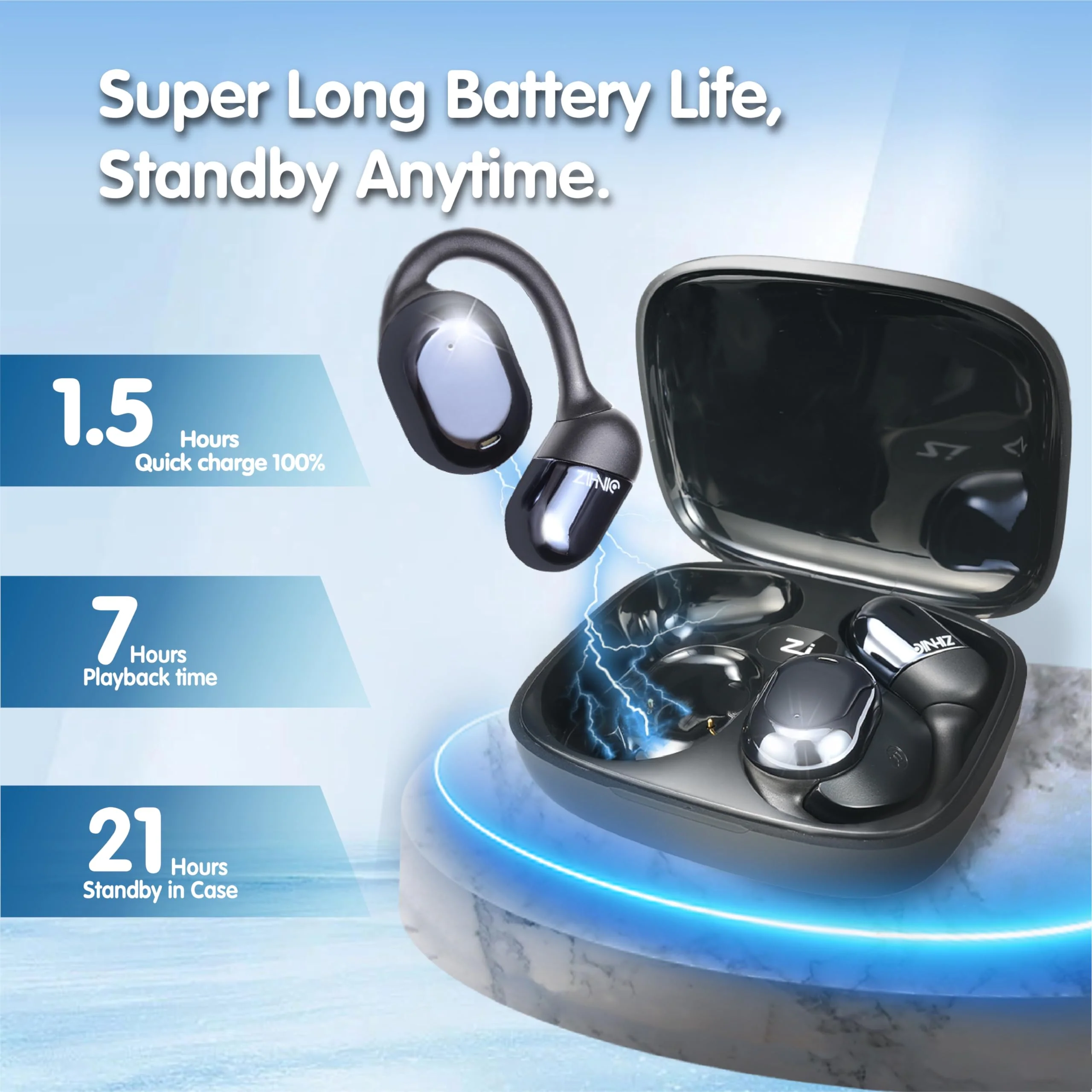 ZIHNIC Open-Ear Wireless Bluetooth Headphones with Mic,28H Battery, IPX5 Waterproof, Comfortable Ear Hooks,Compatible with Any Phone-Black - Image 6