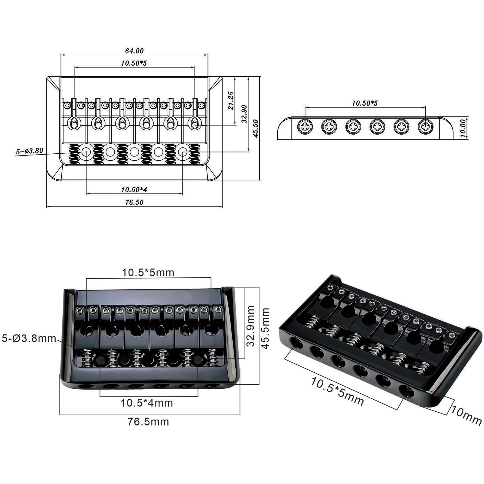 Zinc Alloy 6 String Guitar Fixed Bridge 10.5mm（13/32") Electric Guitar Hardtail Bridge Compatible with Fender Strat Telecaster Style 6-String Electric Guitar Replacement Parts（Conductive Black） - Image 6