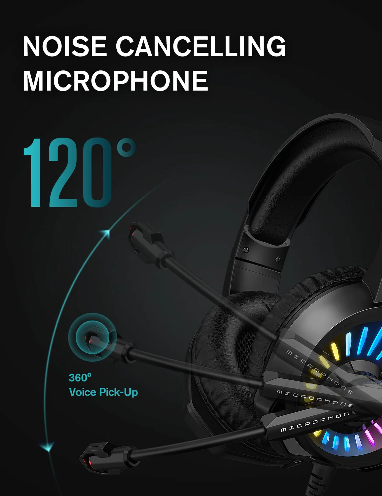 ZIUMIER Gaming Headset with Microphone, Compatible with PS4 PS5 Xbox One PC Laptop, Over-Ear Headphones with LED RGB Light, Noise Canceling Mic, 7.1 Stereo Surround Sound Black - Image 2