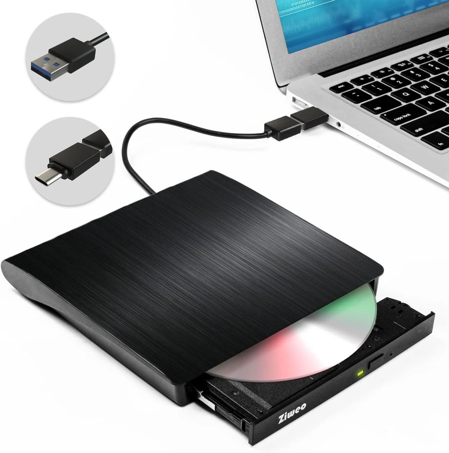 Ziweo External DVD Drive USB 3.0 Type-C CD Burner Portable CD +/-RW Drive DVD Player for ROM Rewriter Burner Compatible with Laptop Desktop PC Windows MacBook Linux Mac OS - Image 2