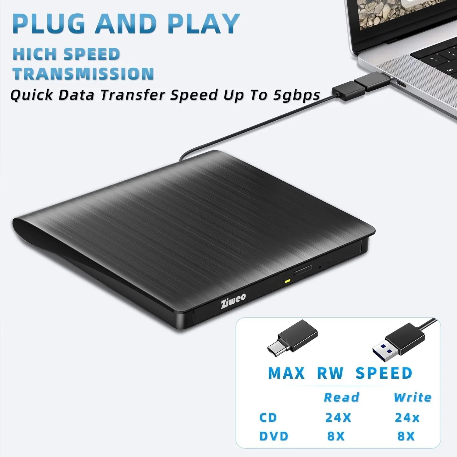 Ziweo External DVD Drive USB 3.0 Type-C CD Burner Portable CD +/-RW Drive DVD Player for ROM Rewriter Burner Compatible with Laptop Desktop PC Windows MacBook Linux Mac OS - Image 3