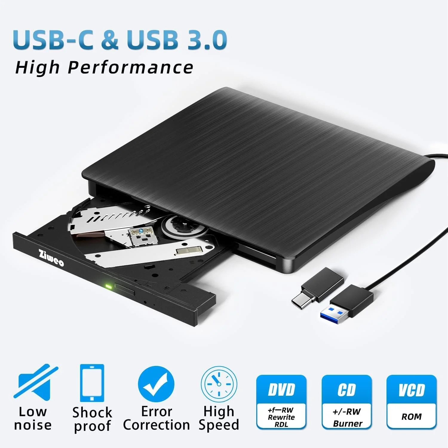 Ziweo External DVD Drive USB 3.0 Type-C CD Burner Portable CD +/-RW Drive DVD Player for ROM Rewriter Burner Compatible with Laptop Desktop PC Windows MacBook Linux Mac OS - Image 4