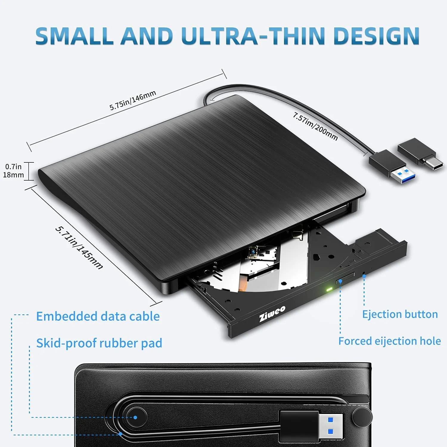 Ziweo External DVD Drive USB 3.0 Type-C CD Burner Portable CD +/-RW Drive DVD Player for ROM Rewriter Burner Compatible with Laptop Desktop PC Windows MacBook Linux Mac OS - Image 5