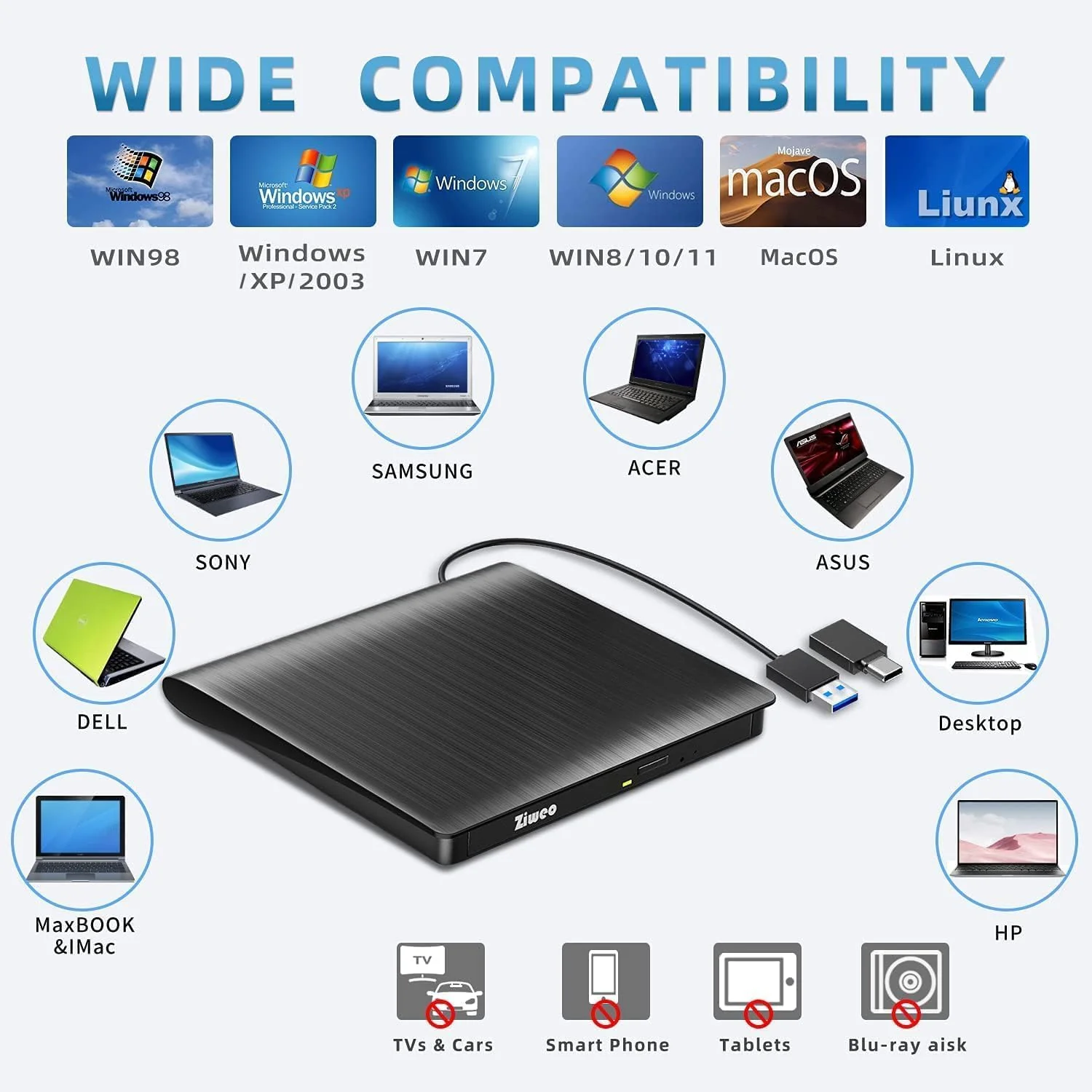 Ziweo External DVD Drive USB 3.0 Type-C CD Burner Portable CD +/-RW Drive DVD Player for ROM Rewriter Burner Compatible with Laptop Desktop PC Windows MacBook Linux Mac OS - Image 6