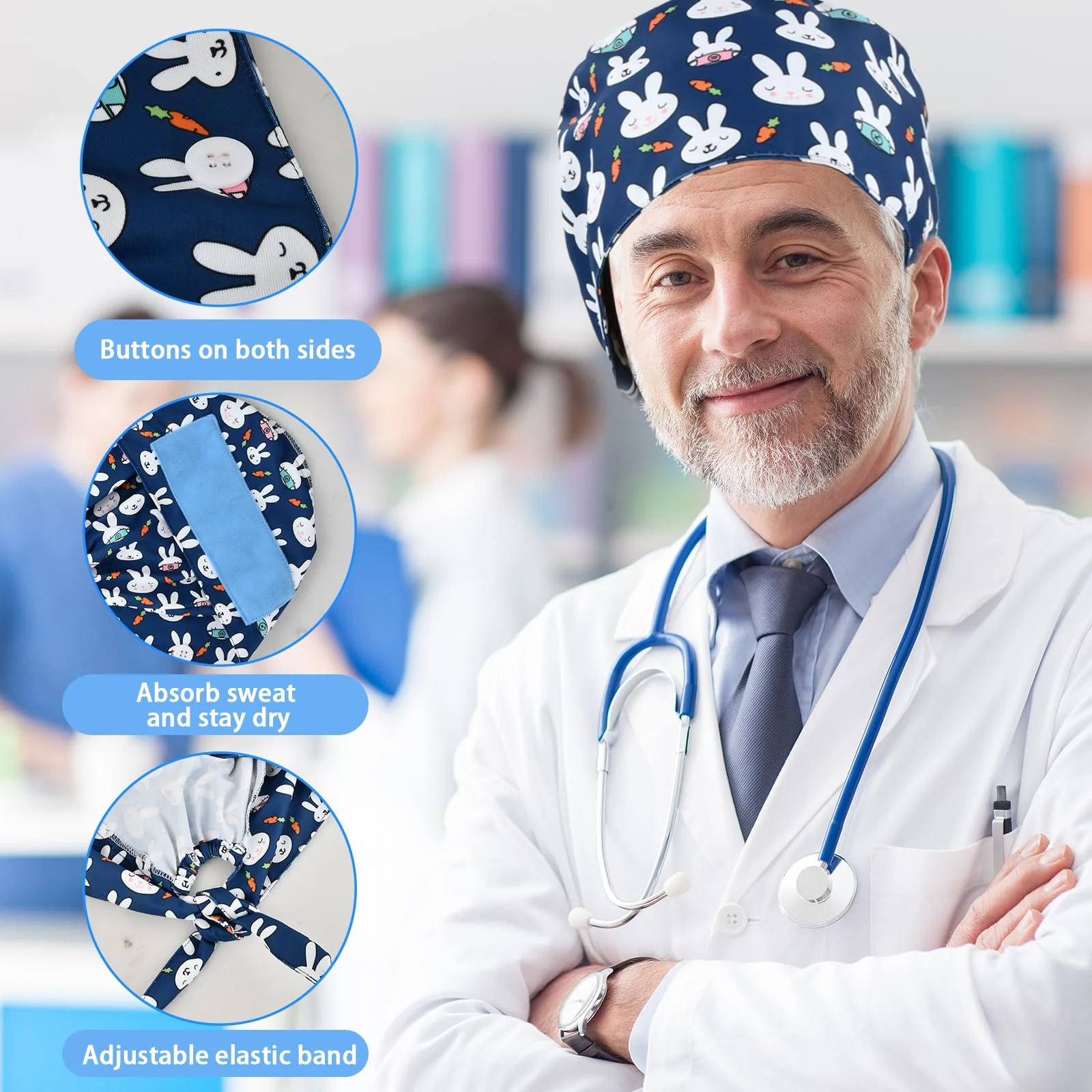 Ziyonix Pack of 4 Surgical Caps with Buttons, Cotton Nurse with Sweatband, Bandana Work Caps, Adjustable Surgical Hat for Women and Men - Image 5