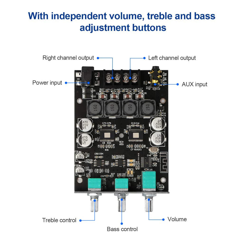 ZK-1002T Bluetooth 5.0 Amplifier Board 2.0 200W HiFi Subwoofer Audio AMP with Treble and Bass Control BT and AUX Inputs, DC 9-24V 2.0 Channel Stereo AMP Module for DIY Speakers, Password Free Black3 ZK-1002T - Image 2