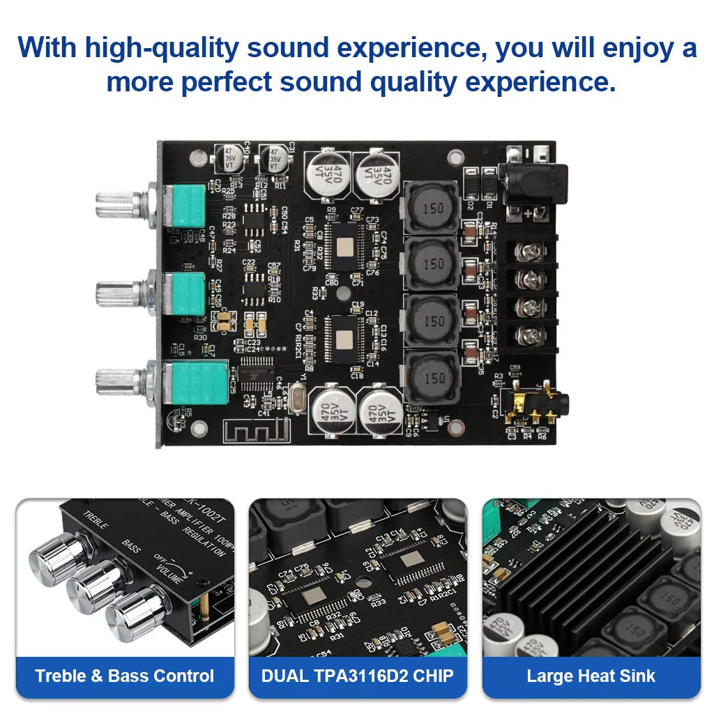 ZK-1002T Bluetooth 5.0 Amplifier Board 2.0 200W HiFi Subwoofer Audio AMP with Treble and Bass Control BT and AUX Inputs, DC 9-24V 2.0 Channel Stereo AMP Module for DIY Speakers, Password Free Black3 ZK-1002T - Image 3