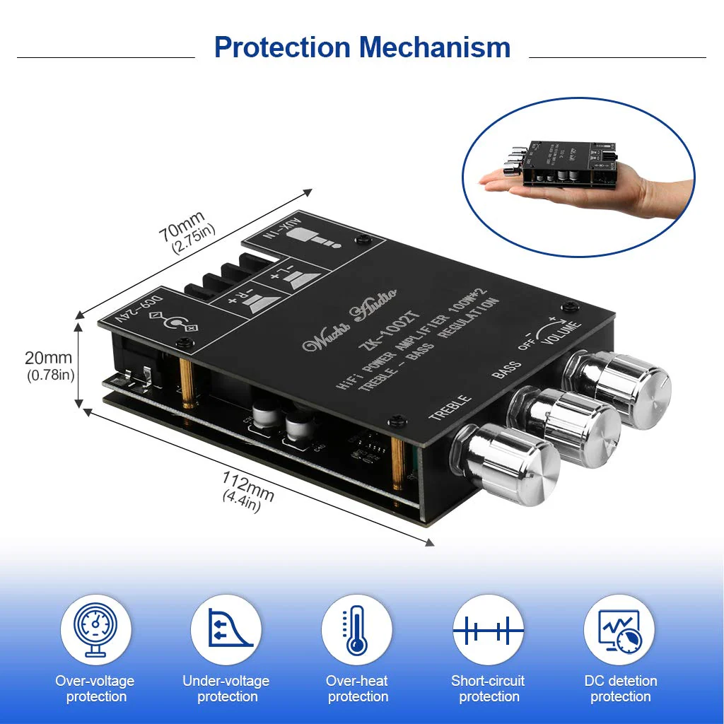 ZK-1002T Bluetooth 5.0 Amplifier Board 2.0 200W HiFi Subwoofer Audio AMP with Treble and Bass Control BT and AUX Inputs, DC 9-24V 2.0 Channel Stereo AMP Module for DIY Speakers, Password Free Black3 ZK-1002T - Image 4
