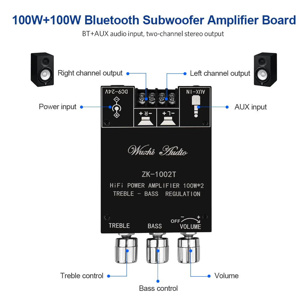 ZK-1002T Bluetooth 5.0 Amplifier Board 2.0 200W HiFi Subwoofer Audio AMP with Treble and Bass Control BT and AUX Inputs, DC 9-24V 2.0 Channel Stereo AMP Module for DIY Speakers, Password Free Black3 ZK-1002T - Image 5