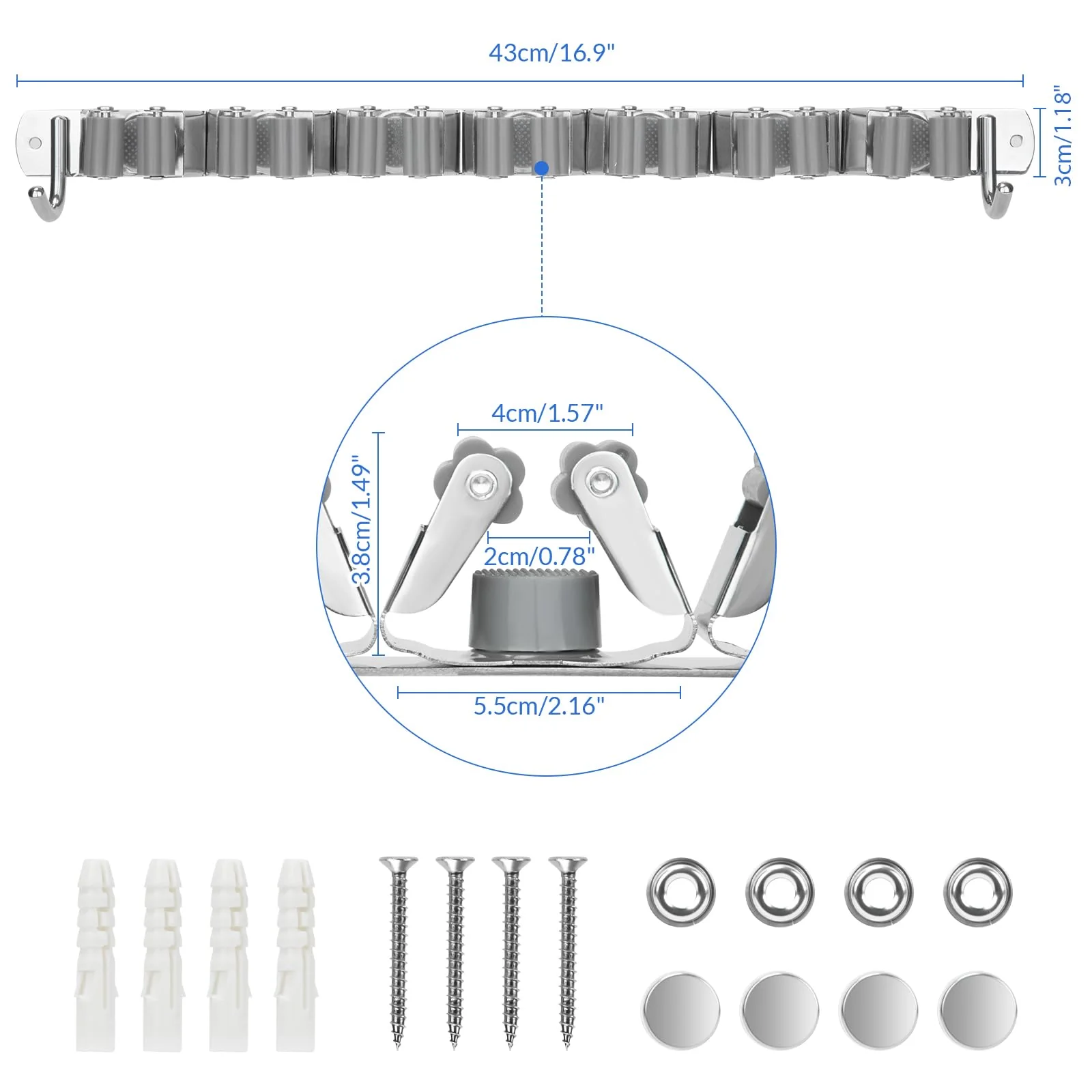 Zosenyer Broom Holder Wall, Stainless Steel Garden Tool Holder with 7 Holders and 2 Hooks, Self-Adhesive Device Holder, Wall Mount for Organiser, Kitchen, Home, Bathroom, Garage, Garden - Image 3