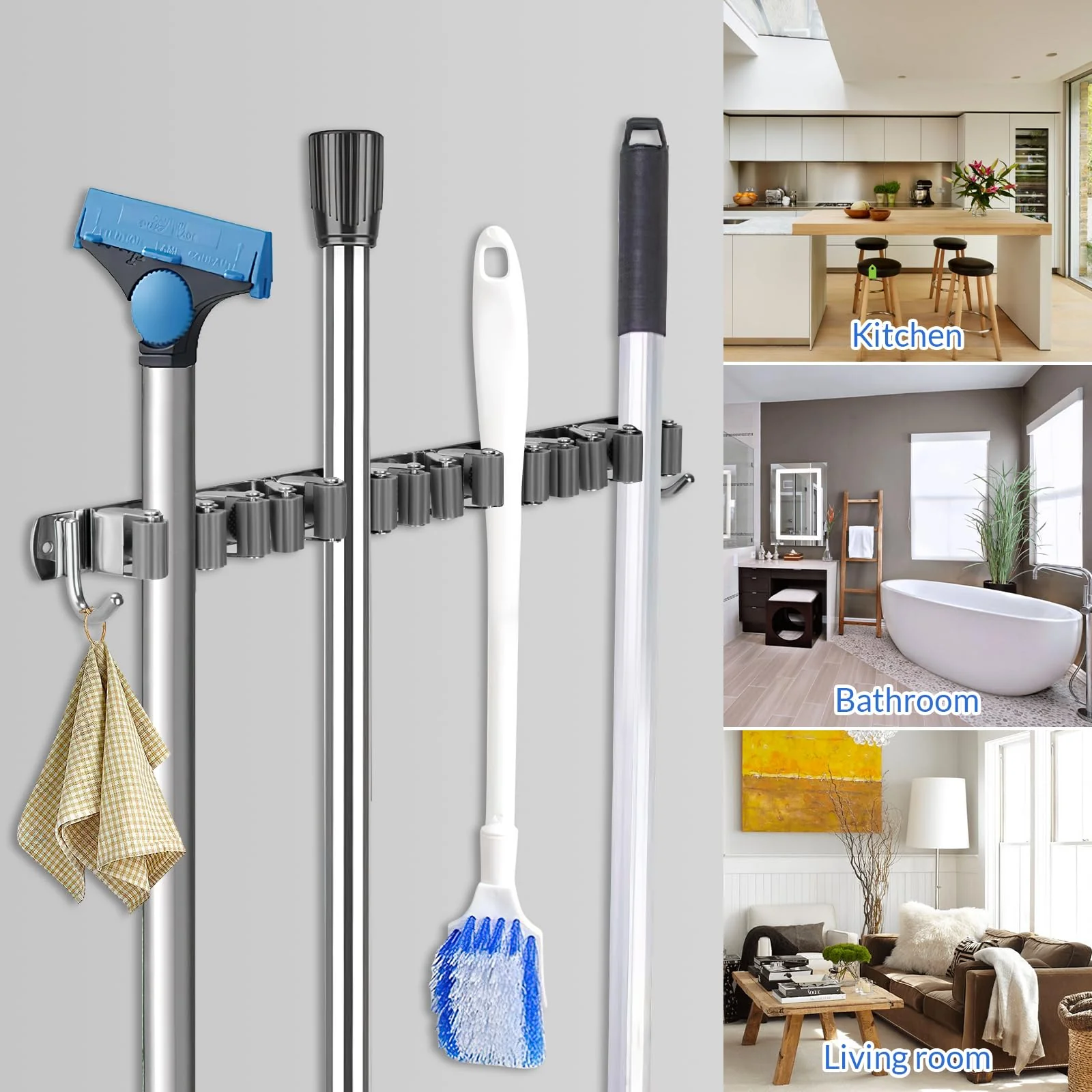 Zosenyer Broom Holder Wall, Stainless Steel Garden Tool Holder with 7 Holders and 2 Hooks, Self-Adhesive Device Holder, Wall Mount for Organiser, Kitchen, Home, Bathroom, Garage, Garden - Image 4