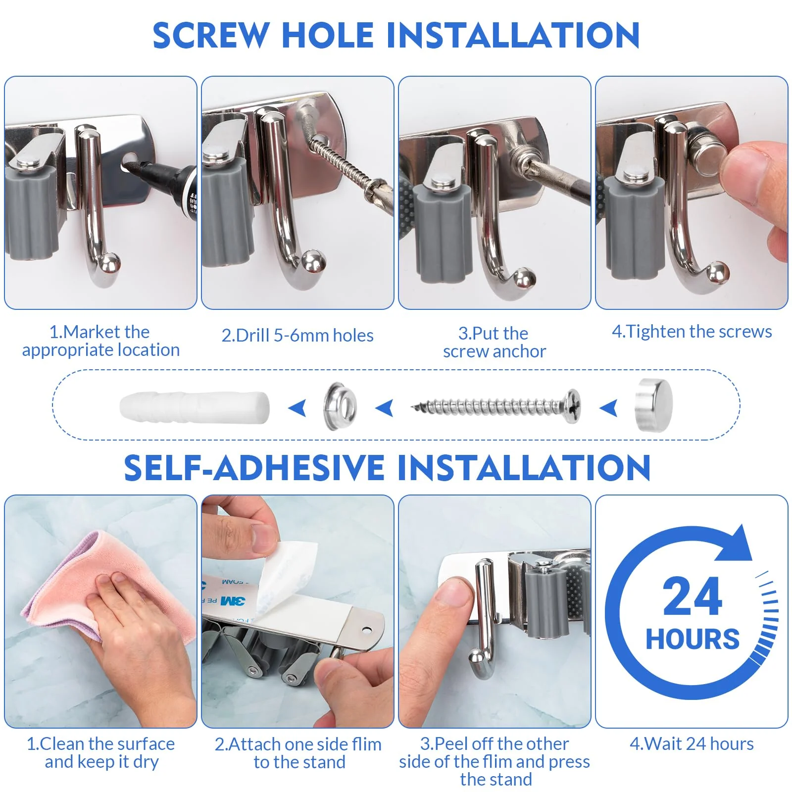 Zosenyer Broom Holder Wall, Stainless Steel Garden Tool Holder with 7 Holders and 2 Hooks, Self-Adhesive Device Holder, Wall Mount for Organiser, Kitchen, Home, Bathroom, Garage, Garden - Image 5