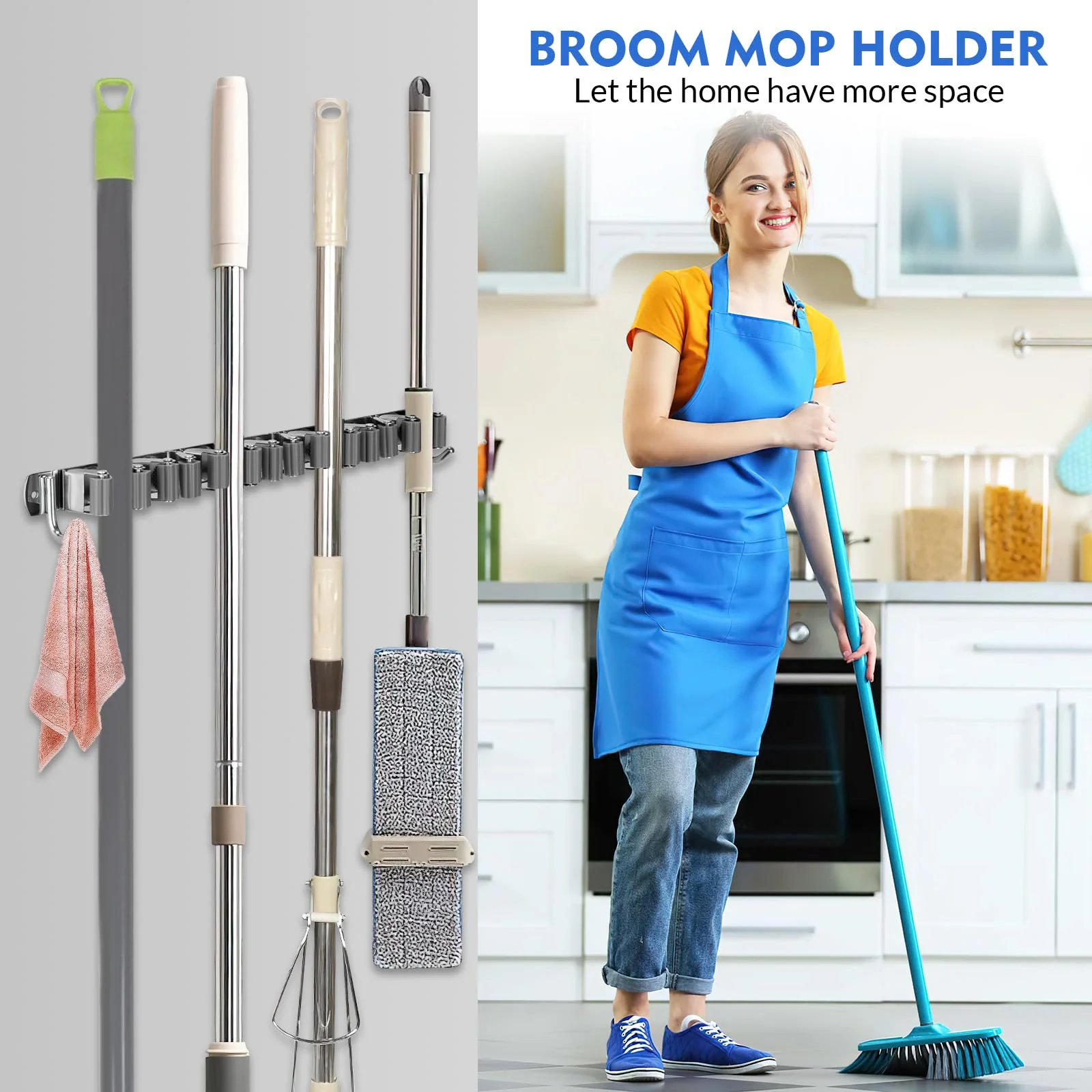Zosenyer Broom Holder Wall, Stainless Steel Garden Tool Holder with 7 Holders and 2 Hooks, Self-Adhesive Device Holder, Wall Mount for Organiser, Kitchen, Home, Bathroom, Garage, Garden - Image 6
