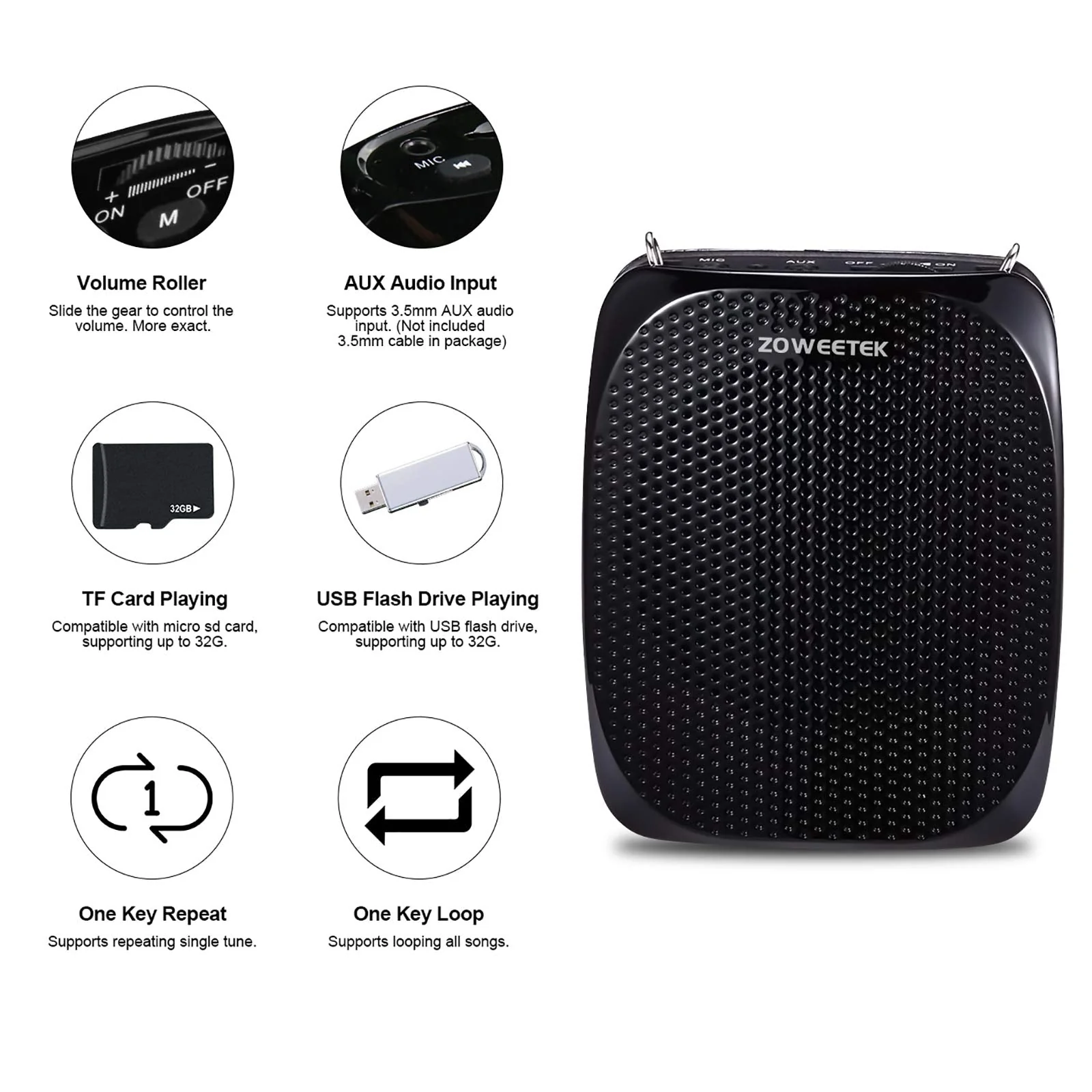 ZOWEETEK ZW-Z258 Portable Rechargeable Mini Voice Amplifier for Teachers with Wired Microphone Headset and Waistband,Supports MP3 Format Audio for Speech, Class, Training,Tour Guide,Power Amplifiers Black - Image 5