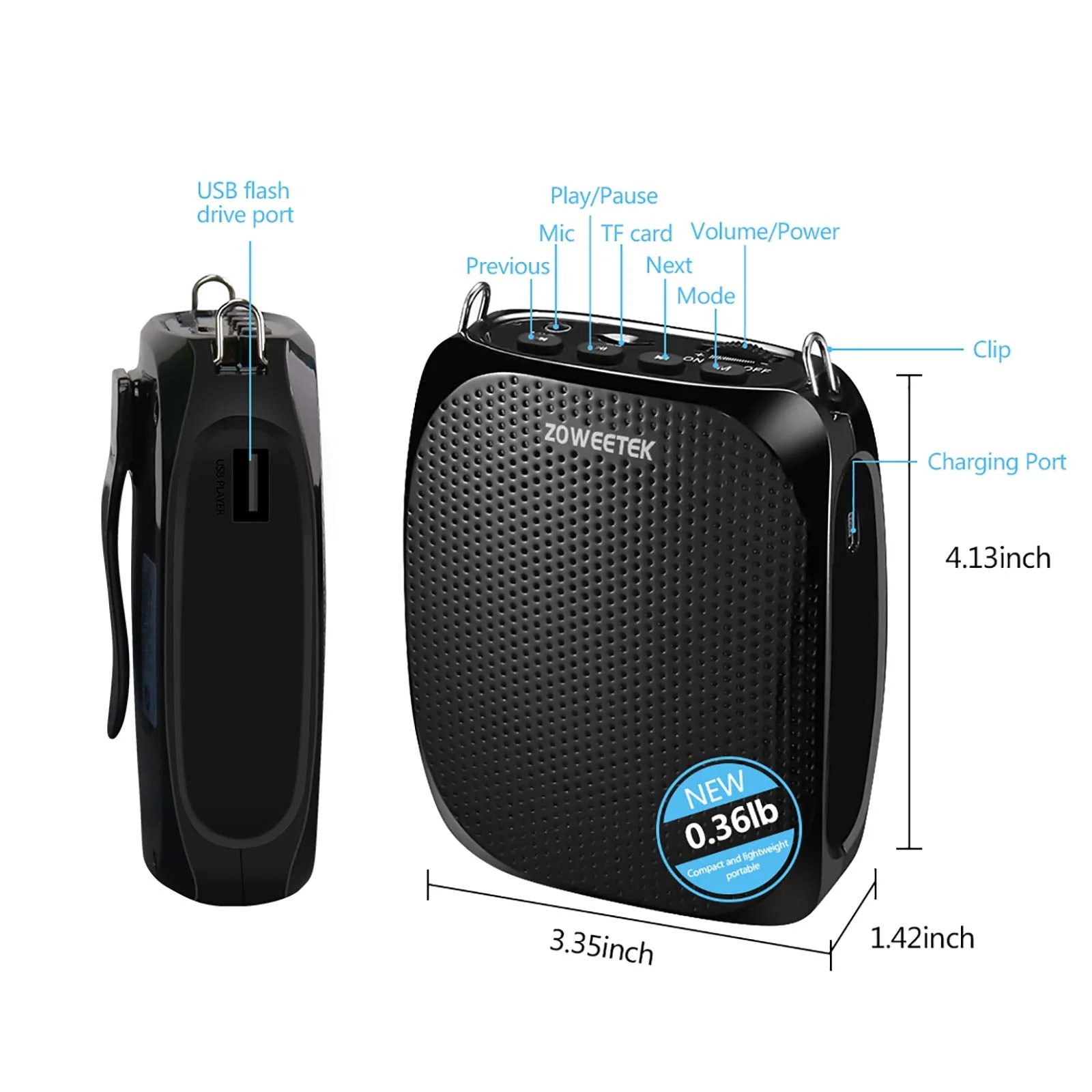 ZOWEETEK ZW-Z258 Portable Rechargeable Mini Voice Amplifier for Teachers with Wired Microphone Headset and Waistband,Supports MP3 Format Audio for Speech, Class, Training,Tour Guide,Power Amplifiers Black - Image 8