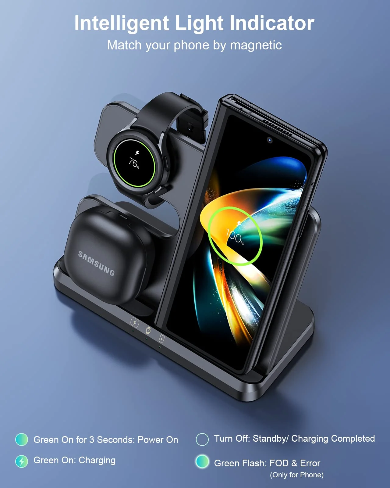 ZUBARR Wireless Charging Station for Samsung 3 in 1 Wireless Charger for Galaxy Z Flip 4/3 Z Fold 4 S22 S21 S20 Note20 Compatible with Samsung Watch Charger for Galaxy Watch 5/4/3, Galaxy Buds, Black - Image 5