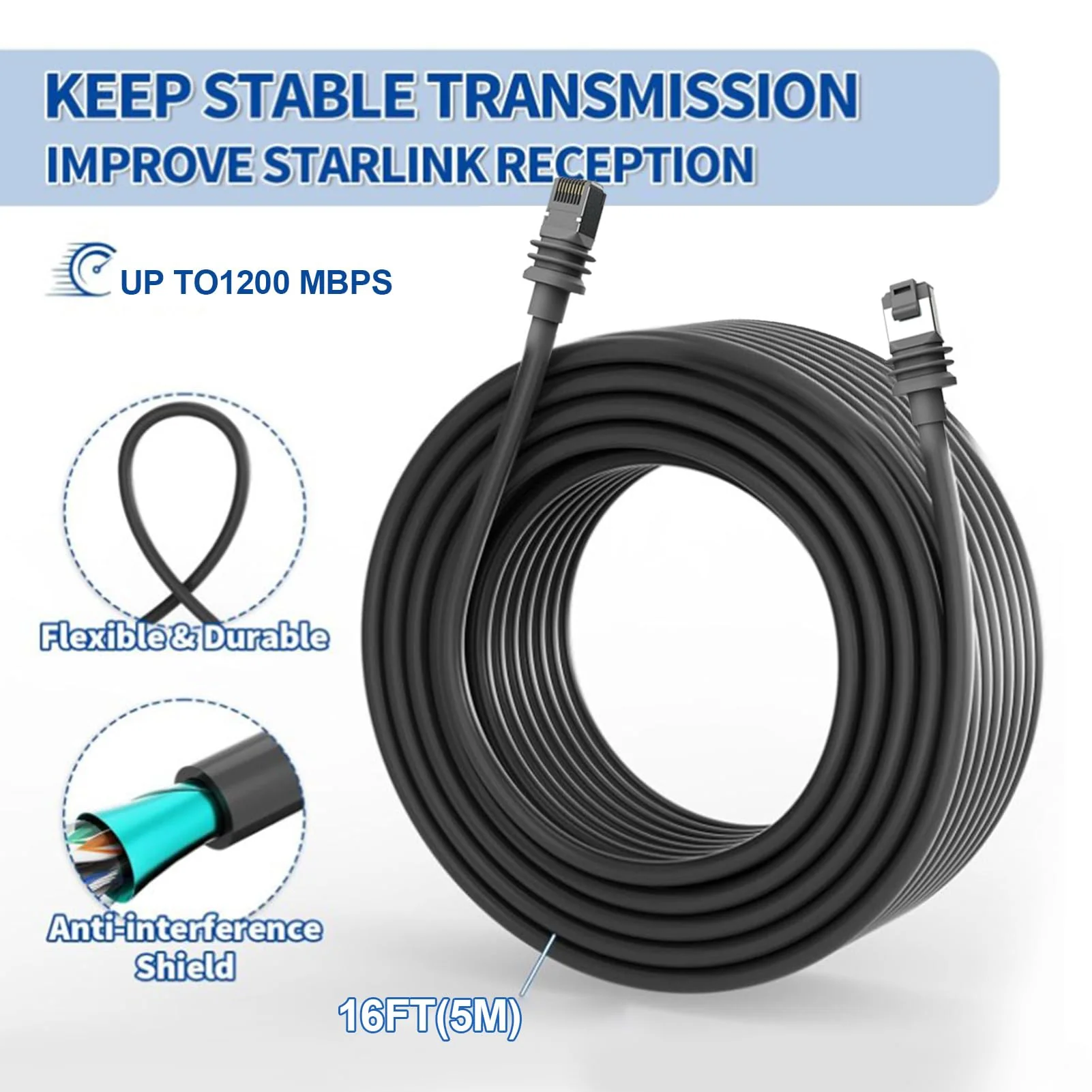 Zunate 16ft Starlink Gen 3 Cable, Starlink Cable Extension, Waterproof Satellite Replacement Cable for Starlink Gen3 V3, Standard 16Ft 5M Cable for Starlink Gen 3 Outdoor Cable 16FT(5M) 16FT(5M) - Image 7